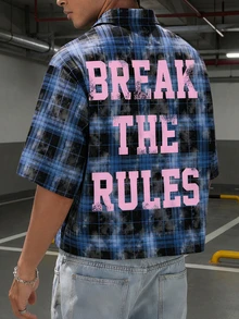 Camisa de manga corta con estampado de cuadros degradados y letra "Brave" para hombres - Azul - Ver 1