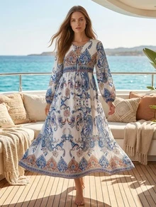 Robe de style yacht resort, robe midi à manches longues avec ceinture à la taille imprimée cachemire vintage, robe fleurie rétro française, robe ample de resort à imprimé totémique bleu et blanc à manches bouffantes, élégante pour le printemps - Multicolore - Voir 1