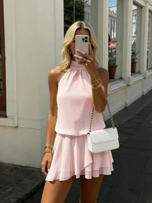 Women's Elegant Fashion Romantic Halter Backless Pleated Mini Dress With Built-In Safety Shorts Pink Summer - Pink - View 3