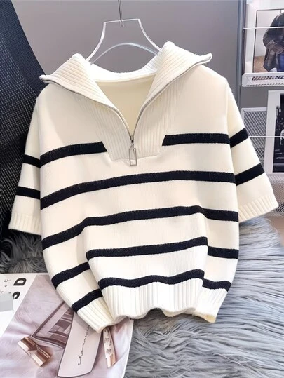 夏季女装休闲撞色条纹翻领拉链宽松针织短袖白色T恤上衣母亲节穿搭