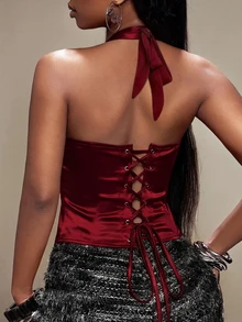 Elegant Solid Color Halter Neck Satin Corset Top Deep V-Neck Front Button Closure Structured Boned Bustier Slim Fit Crop Top For Party Nights Date Nights Clubwear Summer Vacation Daily Going Out Outfits For Women - Burgundy - View 2