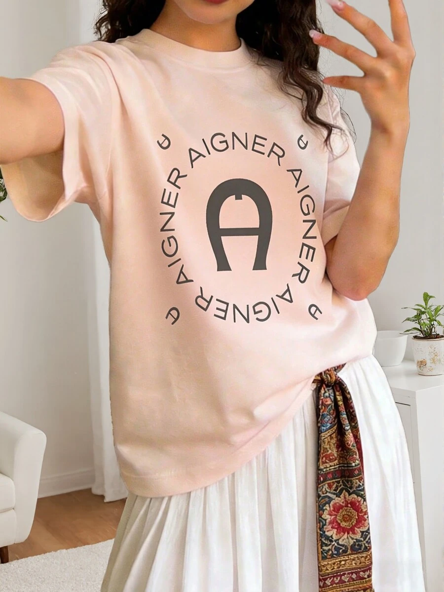1pc Teenage Girls' Short Sleeve T-Shirt, Casual Summer Student Top With Slogan Graphic - Pink - View 1