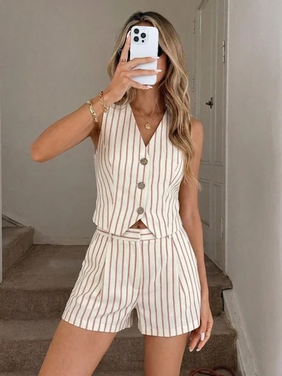 Bộ đồ hè 2 mảnh dành cho nữ gồm áo vest và quần short, họa tiết kẻ sọc, kiểu dáng thường ngày với cúc cài phía trước, thanh lịch và thời trang.