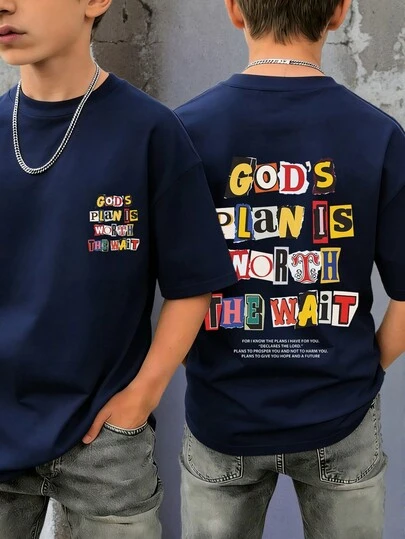 1pc Slogan Print Short Sleeve T-Shirt, Tween Boys Casual Summer Clothes, Youth Student Apparel