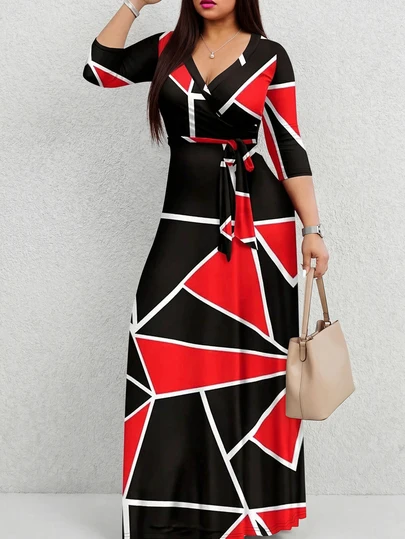 Women's Summer Sleeveless Long Dress, Navy Blue, Red And Black Geometric Print, Cinched Waist, Deep V-Neck, Elegant