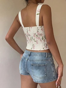 时尚印花吊带背心，胸部褶皱设计，露背剪裁，宽肩带，常规长度，无弹力梭织面料 - 杏色 - 查看 2