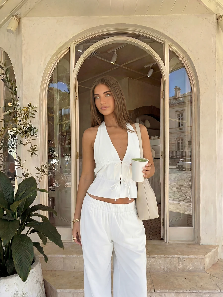 Women Summer Elegant Casual White Halter Backless Tie Front Wide Leg Pants Two Pieces Set For Party Beach Vacation - White - View 1