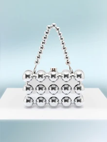 迷你银色时尚波浪珠手提包、金属盒手拿包、晚会钱包、化妆包和手机包、独特链条斜挎包、趣味礼物 - 銀色 - 查看 1