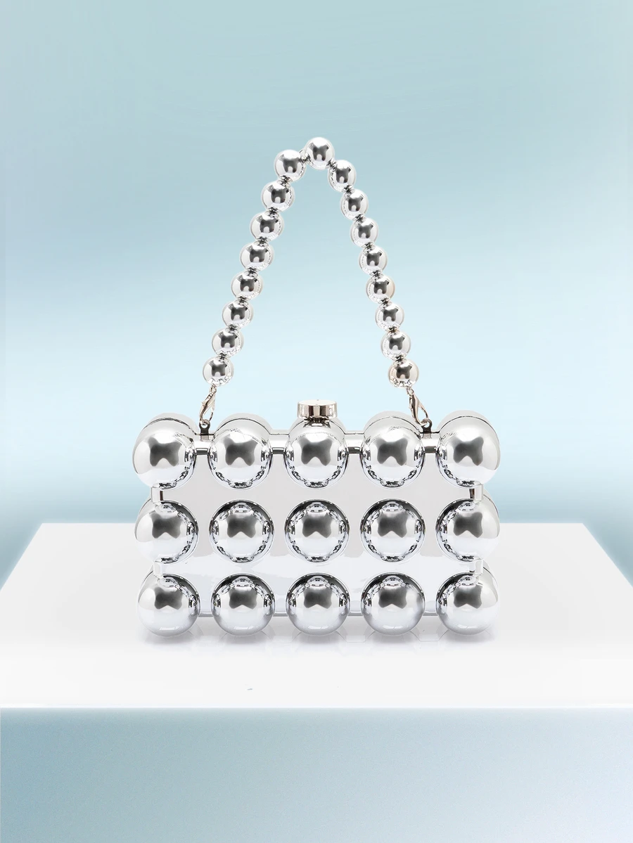 迷你银色时尚波浪珠手提包、金属盒手拿包、晚会钱包、化妆包和手机包、独特链条斜挎包、趣味礼物 - 銀色 - 查看 1