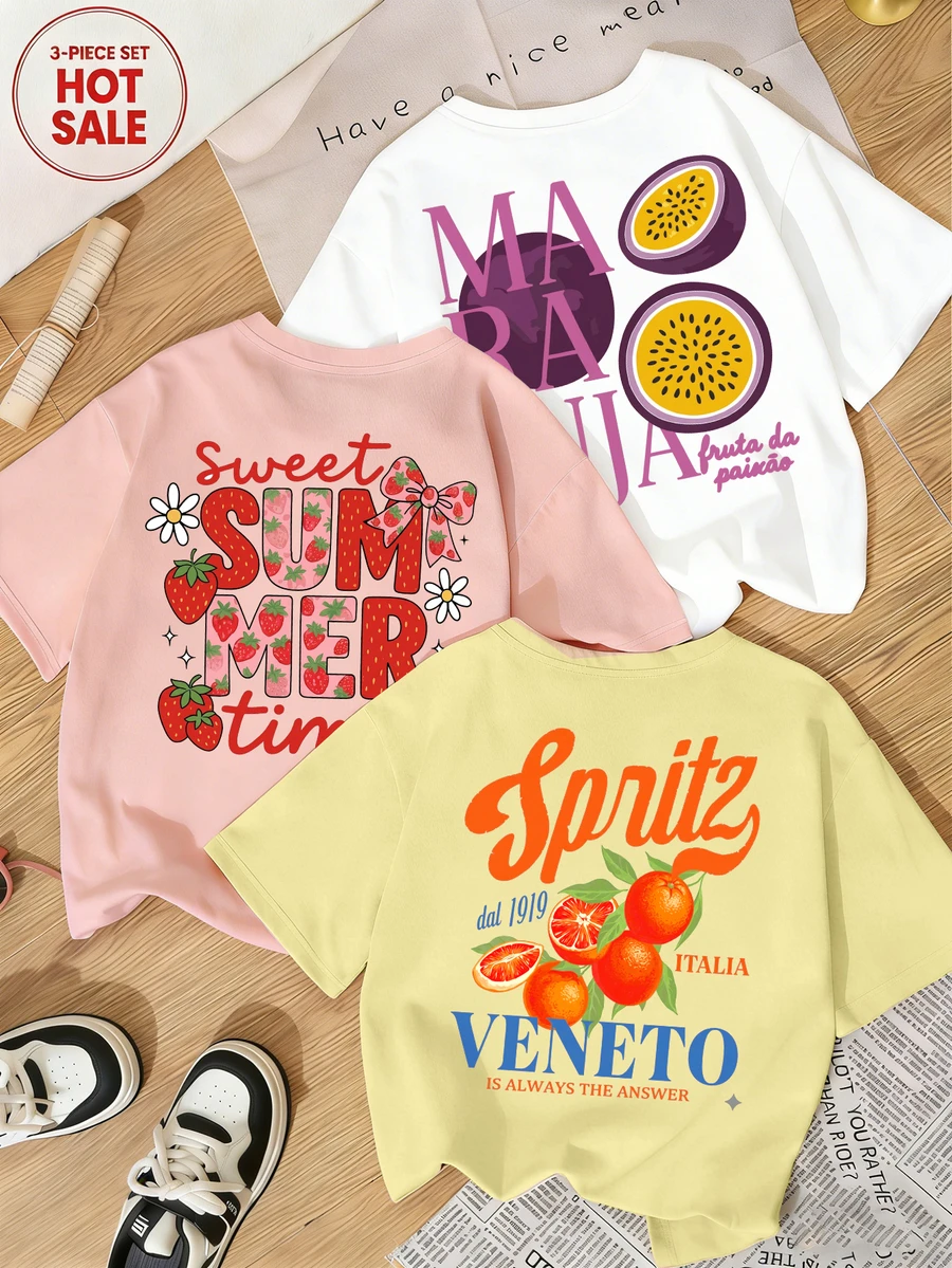 3pcs Summer New Fashionable Versatile Casual Minimalist Fruit Pattern Print Round Neck Short Sleeve T-Shirts For Women - Multicolor - View 1