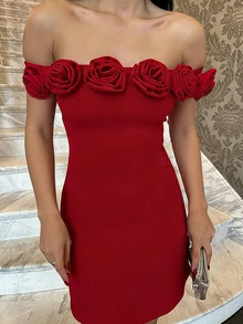 Red Off Shoulder Dress With 3D Rose Embellishment Perfect For Wedding Other Wear - Red - View 5