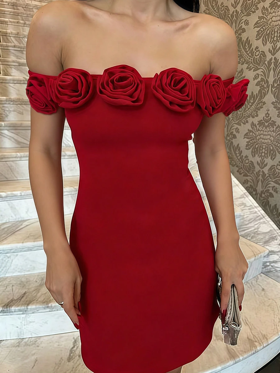 Vestido de fiesta de tubo sin mangas con estampado floral y adorno de rosas 3D, de tela tejida con estiramiento medio, perfecto para bodas y eventos formales de primavera - Rojo - Ver 1