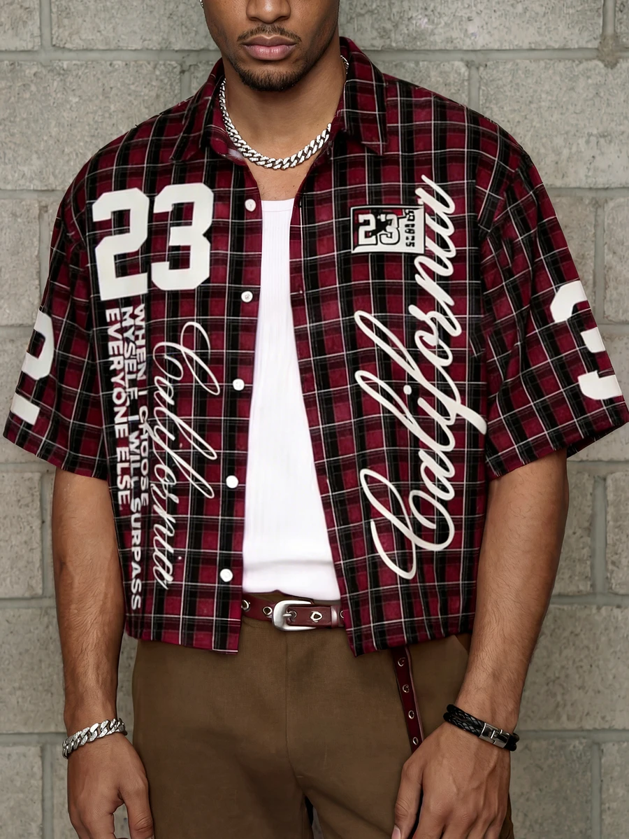 Áo sơ mi nam tay ngắn kẻ caro in số "23" và khẩu hiệu - Đỏ - Xem 1