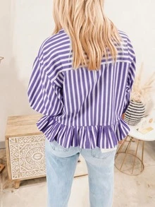 Women's Striped Casual Vacation Front Button Loose Blouse, Spring/Summer - Lilac Purple - View 2