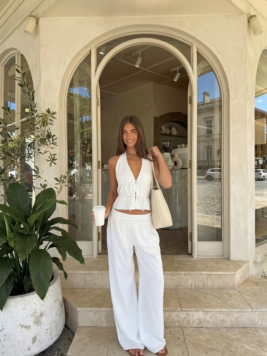 女士夏季优雅休闲白色露背系带阔腿裤两件套，适合派对、海滩度假 - 白色 - 查看 1