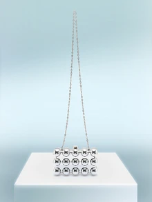 迷你银色时尚波浪珠手提包、金属盒手拿包、晚会钱包、化妆包和手机包、独特链条斜挎包、趣味礼物 - 銀色 - 查看 2