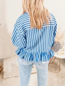 Camisa casual de mujer a rayas, blusa suelta con botones delanteros para primavera/verano - Neblina azul - Ver 2