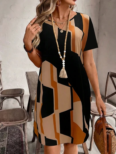 Váy đầm mùa hè cổ điển, thanh lịch, giản dị, lãng mạn, phối màu khối, họa tiết hình học, làm từ vải dệt.