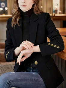 Nueva llegada Chaqueta de blazer negro de corte holgado con botones para mujeres, silueta versátil casual y de oficina para uso diario, primavera y otoño - Negro - Ver 2