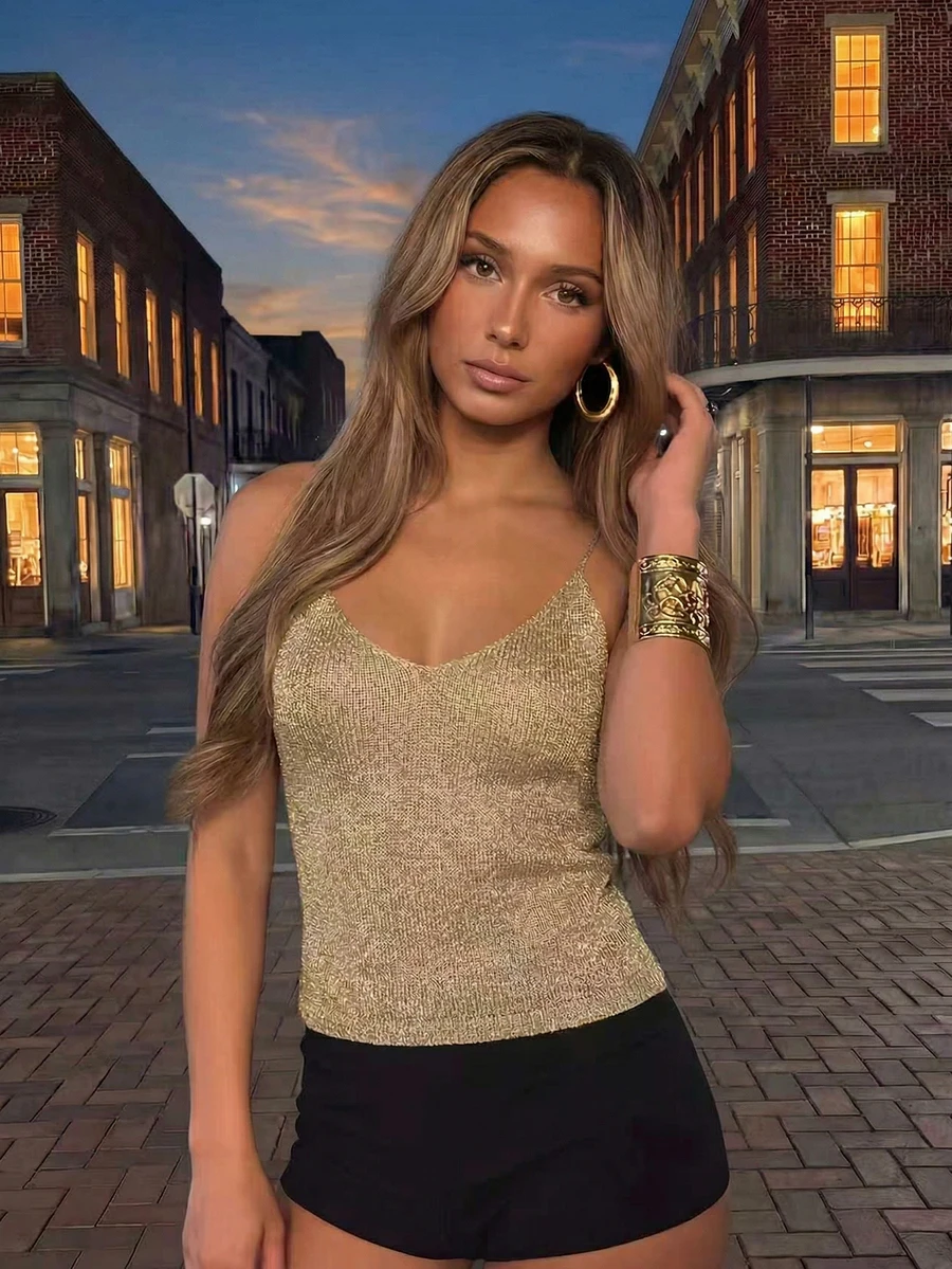 女士极简优雅性感森系学院风针织上衣，春夏款 - 棕色 - 查看 1