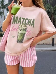 少女印花短袖T恤，学生青少年服装，夏季上衣，专为准备玩耍的女孩设计 - 粉色 - 查看 2