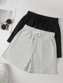 2 chiếc quần short nữ mùa hè kiểu dáng thường ngày - Cạp chun có dây rút điều chỉnh, chất liệu gân, dáng suông, màu đen và xám, có thể giặt máy, thích hợp mặc hàng ngày và dạo chơi. - Đen và trắng - Xem 1