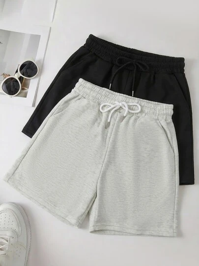 2 chiếc quần short nữ mùa hè kiểu dáng thường ngày - Cạp chun có dây rút điều chỉnh, chất liệu gân, dáng suông, màu đen và xám, có thể giặt máy, thích hợp mặc hàng ngày và dạo chơi.