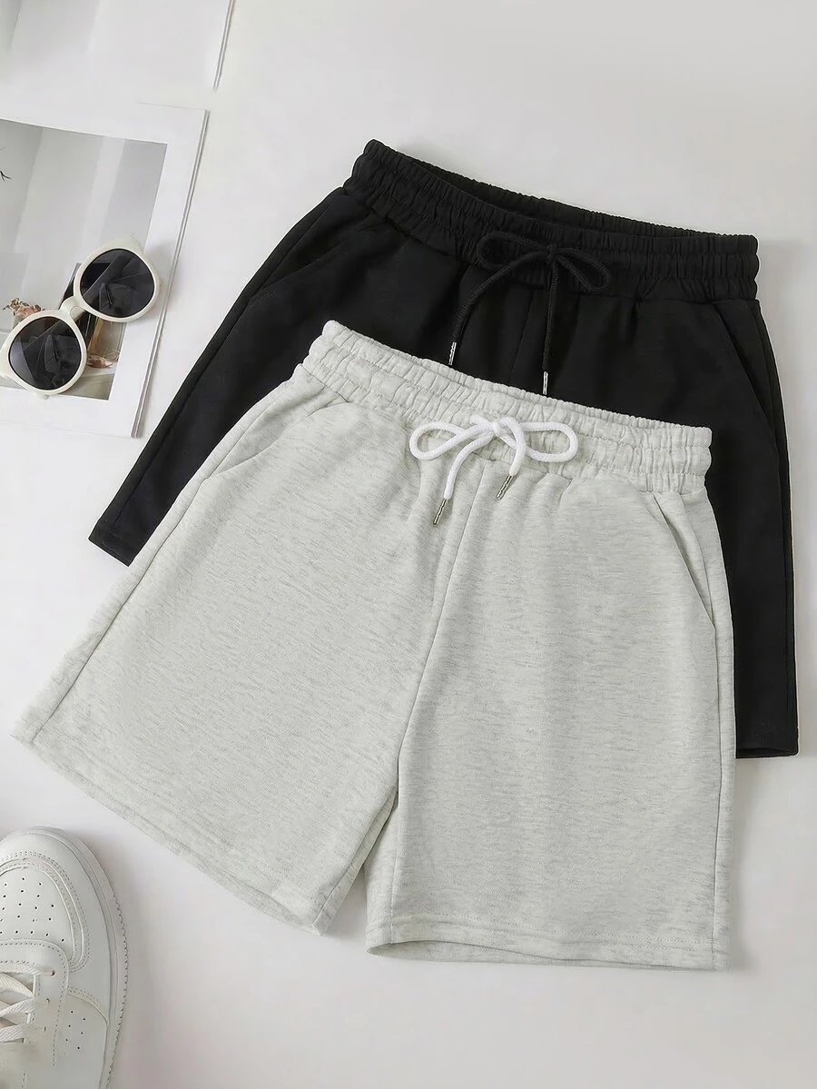 2 chiếc quần short nữ mùa hè kiểu dáng thường ngày - Cạp chun có dây rút điều chỉnh, chất liệu gân, dáng suông, màu đen và xám, có thể giặt máy, thích hợp mặc hàng ngày và dạo chơi. - Đen và trắng - Xem 1