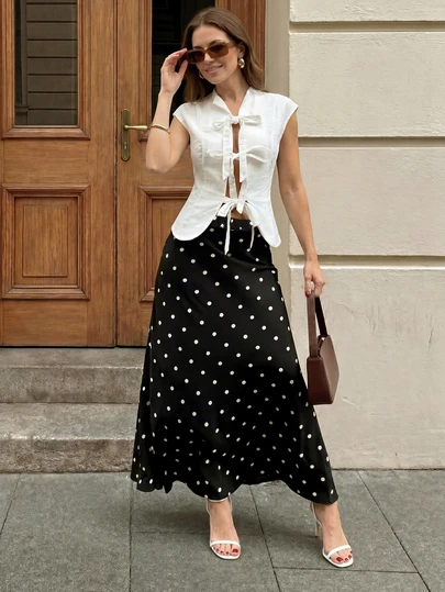 Chân váy midi chữ A màu đen chấm bi thanh lịch, thoải mái, cạp chun, thích hợp cho nữ mùa hè, dự tiệc, nghỉ mát, công sở.