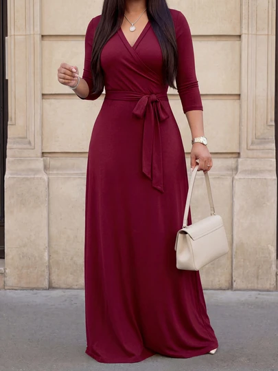 Váy cỡ lớn cho nữ, cổ chữ V sâu thời trang, váy tay lửng thanh lịch, vải dệt kim, họa tiết in, trang phục du lịch mùa thu cho nữ