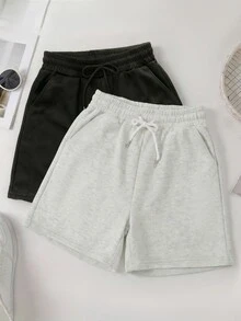 2 chiếc quần short nữ mùa hè kiểu dáng thường ngày - Cạp chun có dây rút điều chỉnh, chất liệu gân, dáng suông, màu đen và xám, có thể giặt máy, thích hợp mặc hàng ngày và dạo chơi. - Đen và trắng - Xem 2