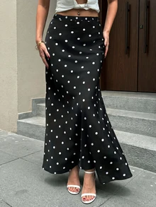 Chân váy midi chữ A màu đen chấm bi thanh lịch, thoải mái, cạp chun, thích hợp cho nữ mùa hè dự tiệc, nghỉ mát, công sở, mùa xuân. - màu đen - Xem 1