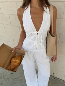 女士夏季优雅休闲白色露背系带阔腿裤两件套，适合派对、海滩度假 - 白色 - 查看 3