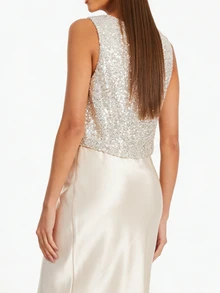 Áo kiểu thanh lịch đính sequin thắt nơ, màu đen, áo dự tiệc mùa hè màu trắng. - Bạc - Xem 8