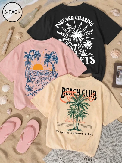 3件套夏季新款休闲百搭简约加州假日海滩日落棕榈树印花圆领短袖T恤女装