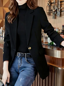 Nueva llegada Chaqueta de blazer negro de corte holgado con botones para mujeres, silueta versátil casual y de oficina para uso diario, primavera y otoño - Negro - Ver 4