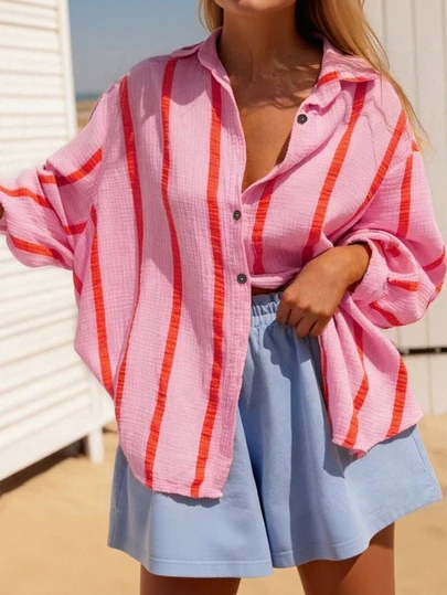Damen Große Größen Rosa gestreiftes Casual Langarm Hemd, geeignet für Urlaub, Strand, Frühlings-Party
