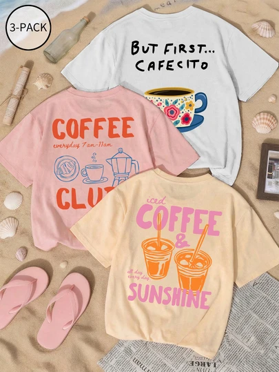 3개 여름 신상 패셔너블 만능 캐주얼 미니멀리스트 플로럴 & 커피 프린트 라운드 넥 반팔 티셔츠 여성용