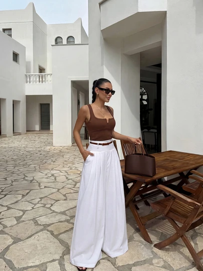 Women Summer Elegant Casual Chic White High Waisted Pleated Wide Leg Pants For Party Beach Vacation