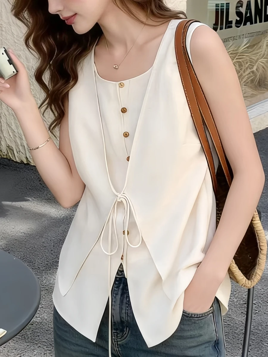 Elegant Women's Spring/Summer New Stylish Front Button Sleeveless Vest, Casual Versatile 2 In 1 Shirt Blouse, Suitable For Daily Street, Vacation, Home, Office, Date And Other Occasions - Apricot - View 1