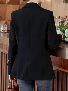 Nueva llegada Chaqueta de blazer negro de corte holgado con botones para mujeres, silueta versátil casual y de oficina para uso diario, primavera y otoño - Negro - Ver 3