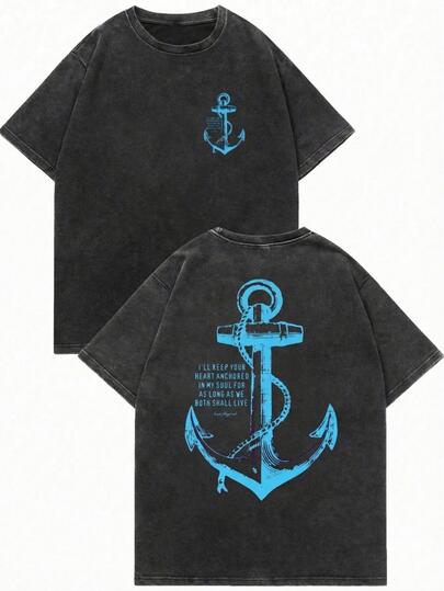 Camiseta de manga corta con cuello redondo y estampado de ancla, de estilo minimalista y versátil, para mujer, nueva para el verano