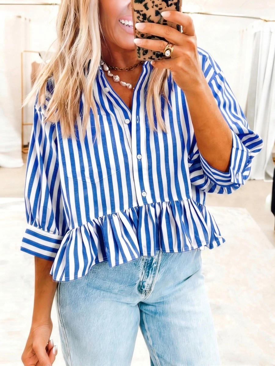 Women's Striped Casual Vacation Button-Front Loose Blouse, Spring/Summer - Mint Blue - View 1
