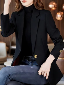 New Arrival Loose Fit Black Button Blazer Jacket For Women, Versatile Casual Commuter Silhouette Suit Top For Daily Office Wear, Spring & Autumn Fall - Black - View 1