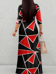 女士夏季无袖长连衣裙，藏蓝色，红色和黑色几何印花，收腰设计，深V领，优雅 - 黑色 - 查看 2