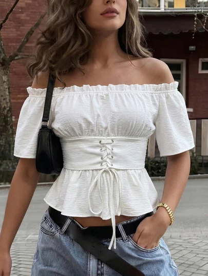 女士露肩系带短袖衬衫