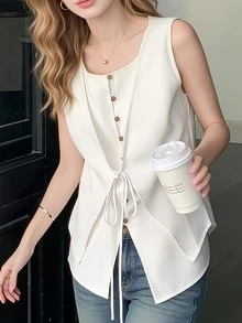 Elegant Women's Spring/Summer New Stylish Front Button Sleeveless Vest, Casual Versatile 2 In 1 Shirt Blouse, Suitable For Daily Street, Vacation, Home, Office, Date And Other Occasions - Apricot - View 2
