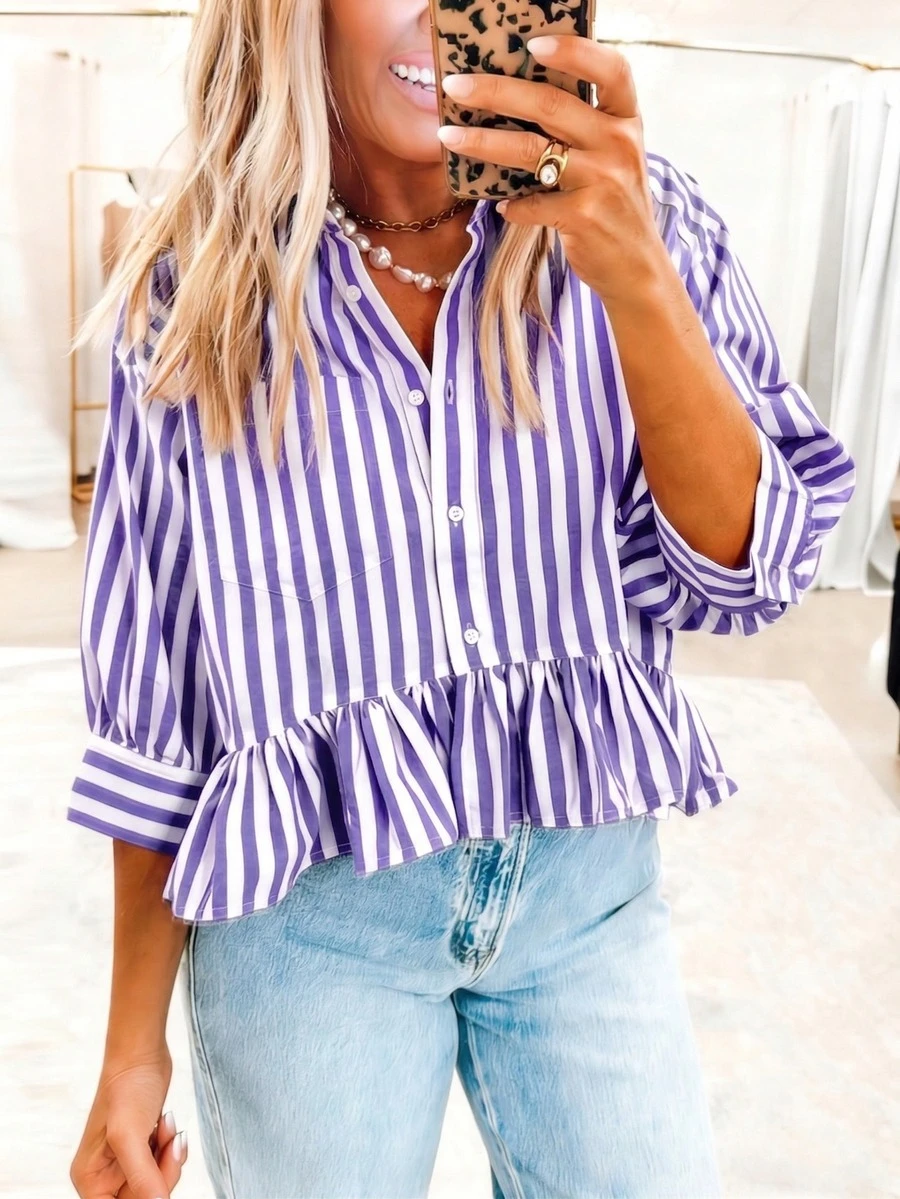 Women's Striped Casual Vacation Front Button Loose Blouse, Spring/Summer - Lilac Purple - View 1