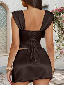 Apperloth A Áo croptop corset bằng satin gợi cảm, áo hai dây ngắn hở vai có thể đảo chiều, kiểu dáng ôm eo, thích hợp cho tiệc tùng, ngày Valentine, lễ hội âm nhạc, đám cưới, dã ngoại mùa xuân/hè. - Màu nâu - Xem 2