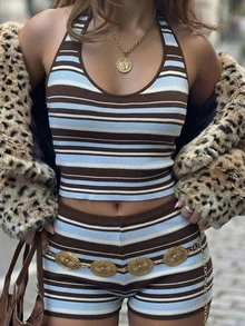 Mori 2026 春夏新款 Y2K 条纹针织运动休闲套装，修身无袖设计，短款剪裁，波西米亚风情，适合约会、日常穿着，展现清新时尚美学。春夏女士休闲套装，青春时尚，日常轻便穿着，闺蜜聚会，海滩度假针织两件套。 - 彩色 - 查看 3